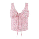 A sleeveless pink floral corset-style top with a lace-trimmed V-neckline, front tie detail, and vertical lace-up front, shown on a plain white background, Obroi
