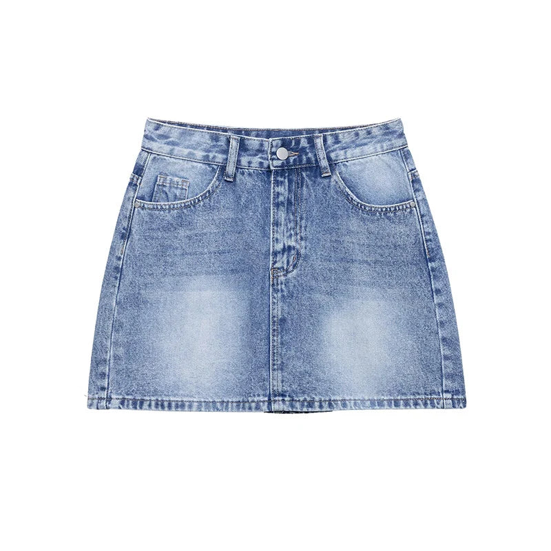 Women Denim Blue Front Zipper A-Line Mini Skirt High Waist Female Chic Lady Skirts
