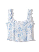 Women Summer Sweet Floral Tank Tops Cute Square Collar Bow Tie Cropped Top Chic Slim Vest