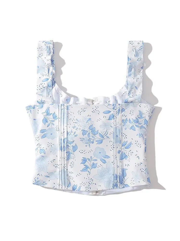 Women Summer Sweet Floral Tank Tops Cute Square Collar Bow Tie Cropped Top Chic Slim Vest