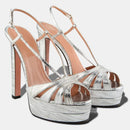 Silver high-heeled platform sandals on a white background, Obroi