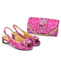 Pink shoes and matching handbag with gold accents on a white background, Obroi
