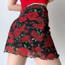 Summer Floral Mesh Mini Skirt Rose Women Wrap Hip A Line Short Skirt Vintage Slim Fit