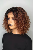 Glueless Bob Soft Ombre Brown Lace Front Wig For Women 14Inch 180Density Kinky Curly Hair Preplucked Daily