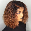 Glueless Bob Soft Ombre Brown Lace Front Wig For Women 14Inch 180Density Kinky Curly Hair Preplucked Daily