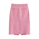 Women's Pink Faux Suede Midi Skirt Front Split Zipper Detail Elegant Office Skirts