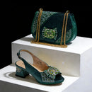 Open Toe High Heels & Bag Set Gold blocking Rhinestones Elegant High Heels