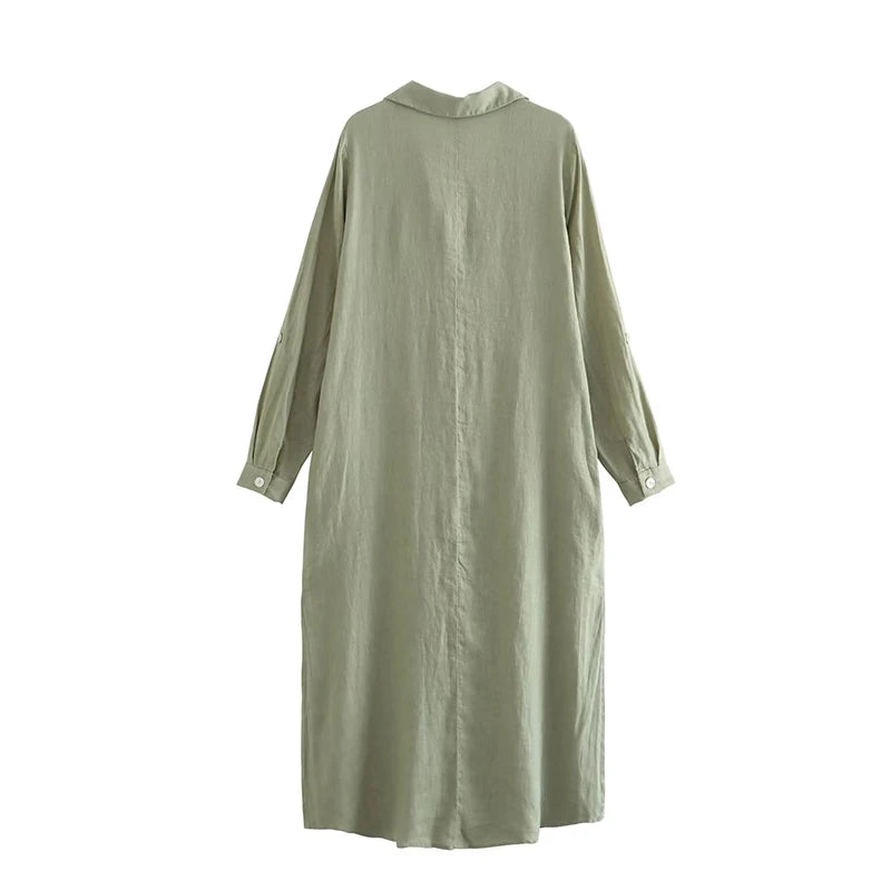 Women Rolled Up Sleeve Linen Shirt Dress Vintage Lapel Collar Female Casual Loose Long Dresses