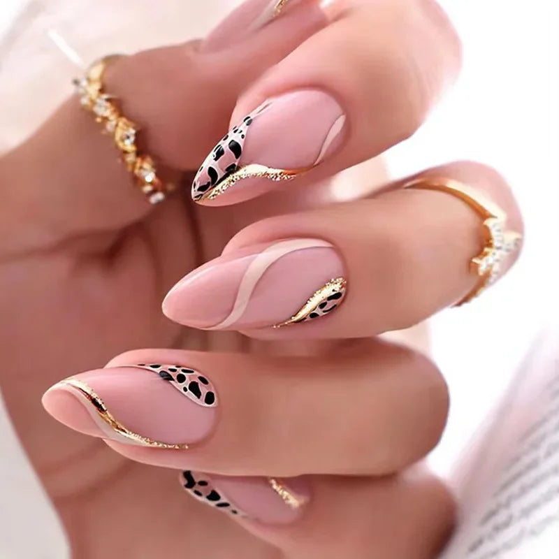 24pcs winter fall leaves false nails with almond artificial nails with glue short stiletto fake press on nail