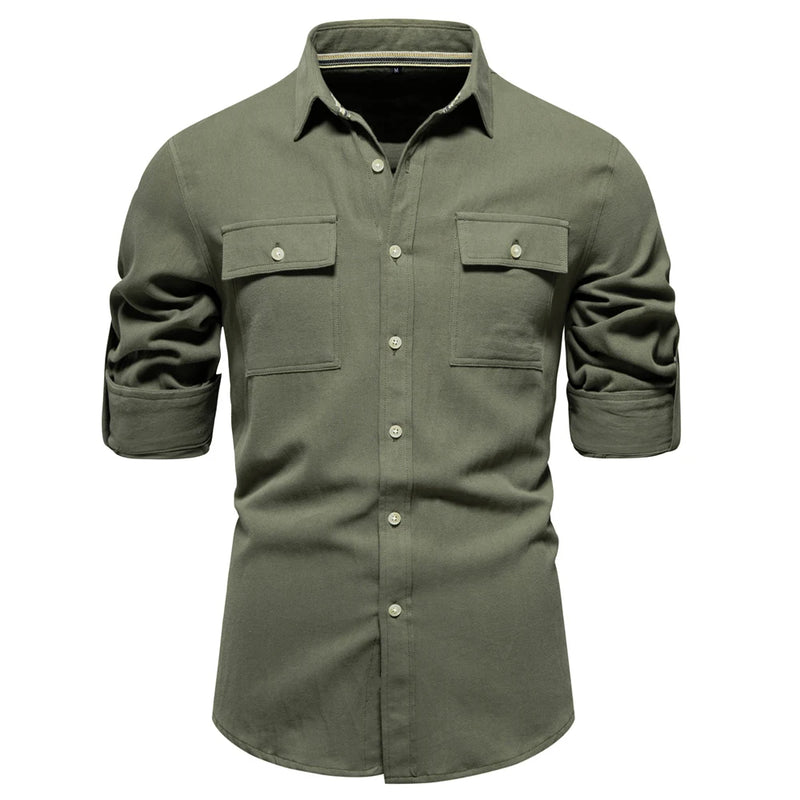 Casual Men's Shirts Solid Double Pockets Long Sleeve Shirts for Men Spring Designer Clothing Men