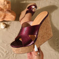 Summer Red Cross Belt Wedges Heel Thick Bottom Wood Pattern Waterproof Platform Beach Slippers Shoes