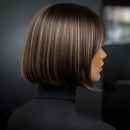 Mannequin head with a styled haircut and text indicating length '35.56cm/14inch' on a dark background, Obroi