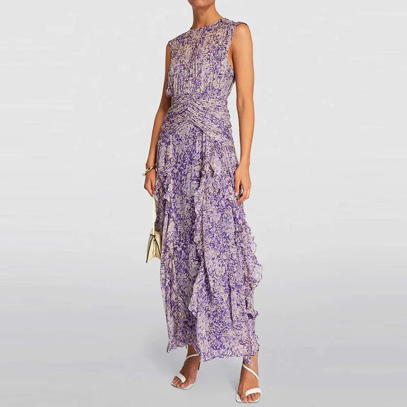 Women Clothing Floral Chiffon Dress Summer Sleeveless Ruffle Pleated Dresses
