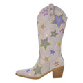 Women Rhinestone Mid-Calf Boots Glitter Bling Shiny Western Pointed Toe Block Heel Pull-On Booties