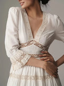 Elegant Hollow Out Women's Long Dresses Flare Sleeves Lace Splicing Dress Summer Autumn Female