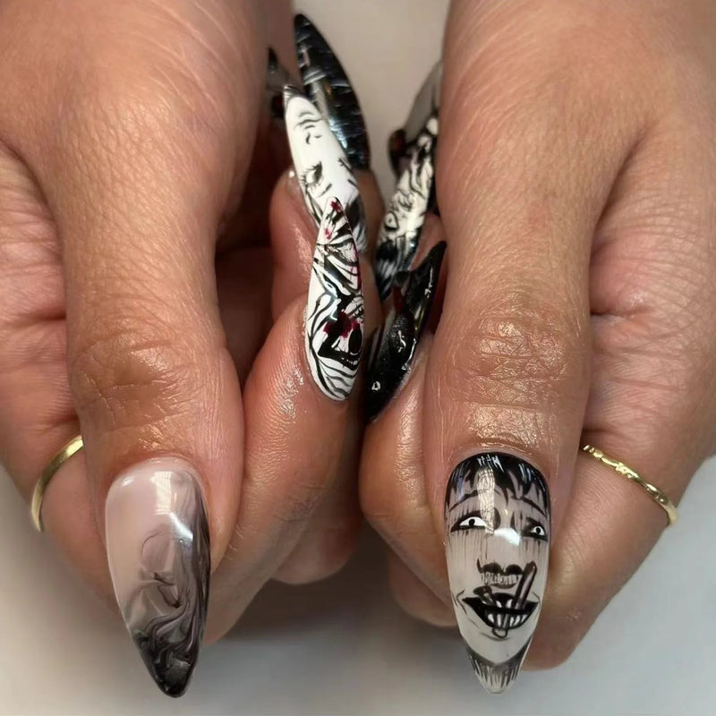 24pcs Black Punk Girls Painted False Nails Full Cover Wearable Japanese Almond Press On Nails Tips