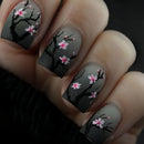 Nails with cherry blossom design on a dark background, Obroi