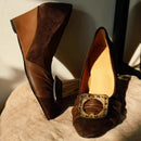 Brown Satin Wedges Pumps for Women Round-toe Pleated Designer Shoes