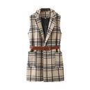 Spring Sleeveless Office Plaid Vest Coat Women Belt Long Vest Waistcoat Female Pockets Outerwear Long Vest Ladies Vintage