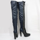 Blue leather knee-high boots with studded details on a white background, branded 'Obroi'.