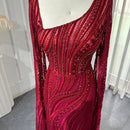 Elegant Burgundy Mermaid Evening Dresses with Long Sleeve Luxury Dubai Crystal Women Wedding Formal Party Gown