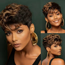 Woman with styled hair and gold earrings against a green background, Obroi
