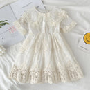 New girls' short-sleeve lace-trimmed princess dress with a turn-down collar