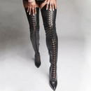 Black lace-up knee-high boots on a neutral background, Obroi