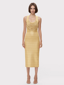 Women's Stamped Sleeveless Tassel Tight Midi Bandage Dress Elegant and Cutting Club Evening Dress