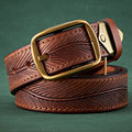 Brown leather belt with a gold buckle on a green background, Obroi