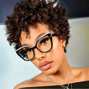 Woman wearing black cat-eye glasses with a blurred background, Obroi