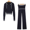 Hooded Knitted Sweatshirt Low Waist Tight Casual Pants Two Pieces Set Women