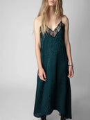 Women's Silk Lace Stitching Sling Midi Dress Ladies Retro Camis Long Robe