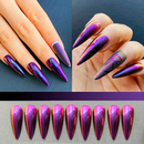 Obroi Metallic purple and pink nail designs on a person's hand with a close-up of the nails and a display of the nail shapes.