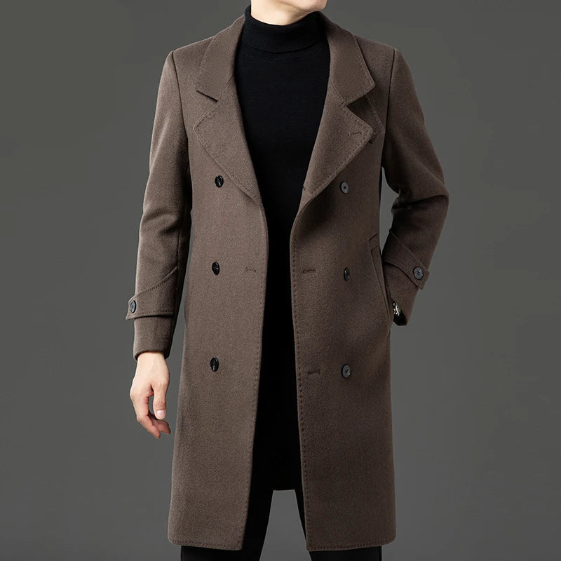 Winter Wool Jacket Men Light Luxury Long Woolen Trench Coats Thick Soft Warm Overcoat Man