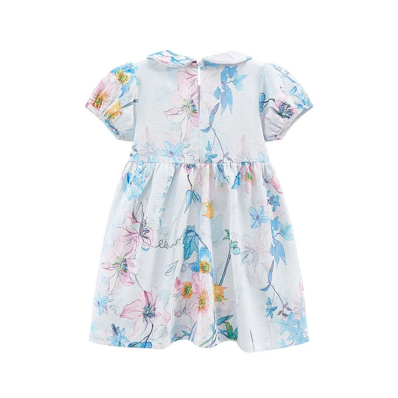Summer Princess Baby Girls Dresses Floral Print Collar Party Birthday Kids Short Sleeve Frocks