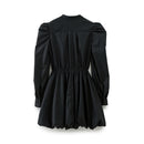 Women Front Button Black Short Dress Long Balloon Sleeves Elastic Waist Female Dresses