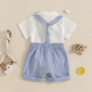 Baby Boy Gentleman Outfit Solid Color Short Sleeve Lapel Neck Romper with Stripe Suspender Shorts and Bowtie