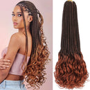 Long box braids with a brown-to-terracotta ombre color, shown both worn by a model and as a bundle on a white background, Obroi