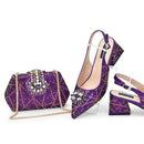 Purple studded shoes and matching handbag on a white background with text 'One Set: Shoes + Bag', Obroi