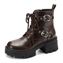 Women Boots Round Toe Block Heels 6.5cm Platform Zipper Lace Retro Ankle Bota