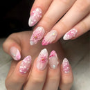 24Pcs Pink French Press on False Nails with Flower Pearl Decor Manicure Tips Almond Stick on Nail