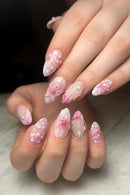 24Pcs Pink French Press on False Nails with Flower Pearl Decor Manicure Tips Almond Stick on Nail