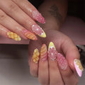 24Pcs Almond False Nails Carving Design Press on Gel Nail Full Cover Wearable Fake Nail Tips