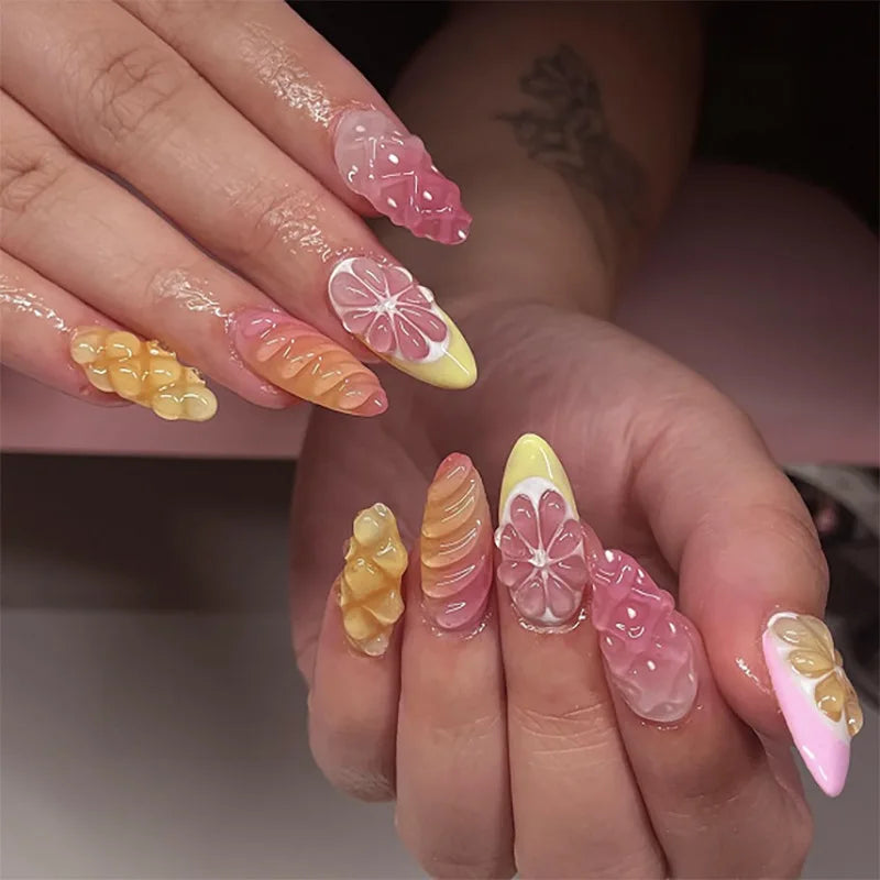 24Pcs Almond False Nails Carving Design Press on Gel Nail Full Cover Wearable Fake Nail Tips