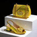 Open Toe High Heels & Bag Set Gold blocking Rhinestones Elegant High Heels