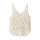 An off-white crochet lace tank top with a V-neckline and scalloped edges, displayed against a solid white background, Obroi