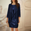 Evening Dresses Women 2pcs Set Outfits Sleeveless Crew Neck Sequined Dress