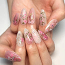 Pink Rose Cherry Blossom Bow Hand Pearl Rhinestone False Nails Detachable Finished Fake Nails Press on Nails