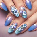 Gradient Blue Flower Fake Nails Almond Wearable Press on Nails Full Cover Stick-on False Nails Women